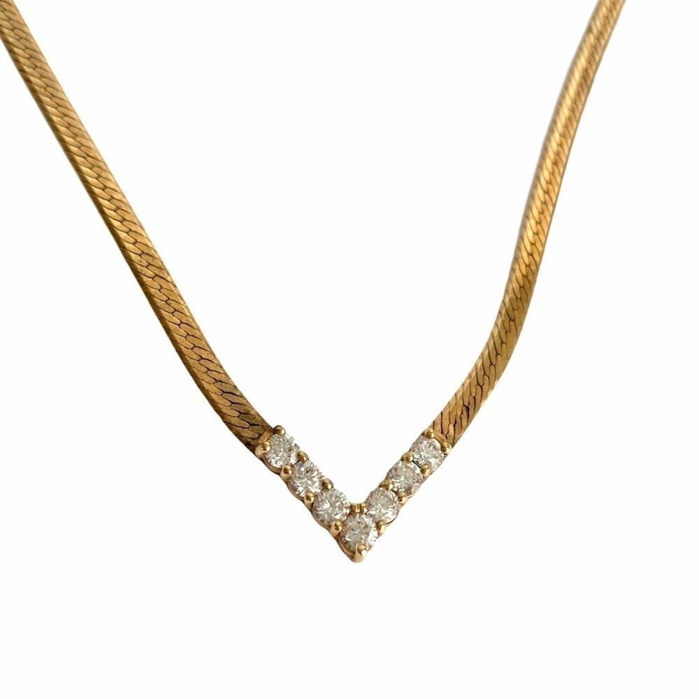 Vintage Gold Tone V Necklace CZ Herringbone